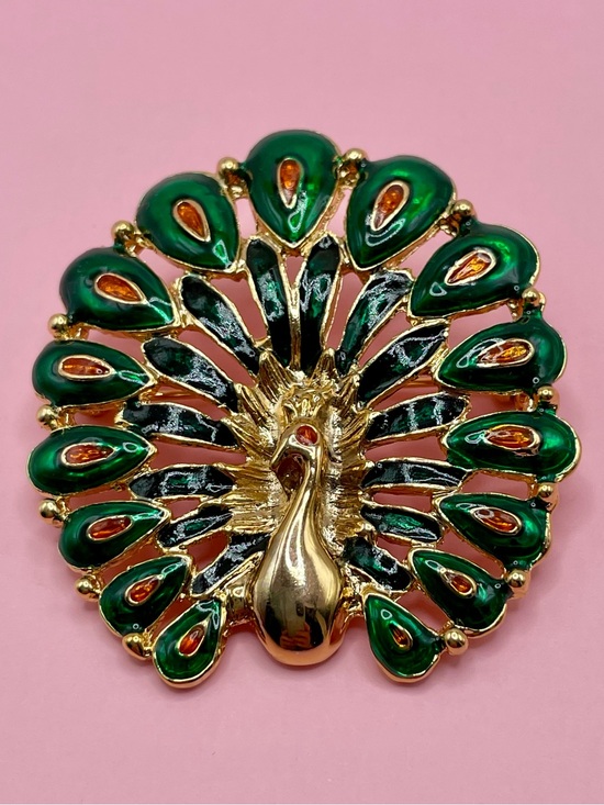 Jewelry - Rare Enamel Green/Black/Orange Gold-tone Peacock Brooch - HTF
